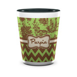 Green & Brown Toile & Chevron Ceramic Shot Glass - 1.5 oz - Two Tone - Set of 4 (Personalized)