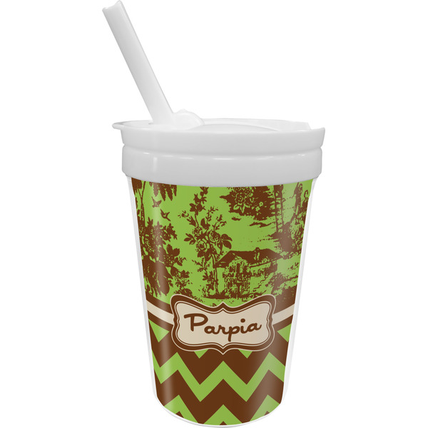 Custom Green & Brown Toile & Chevron Sippy Cup with Straw (Personalized)