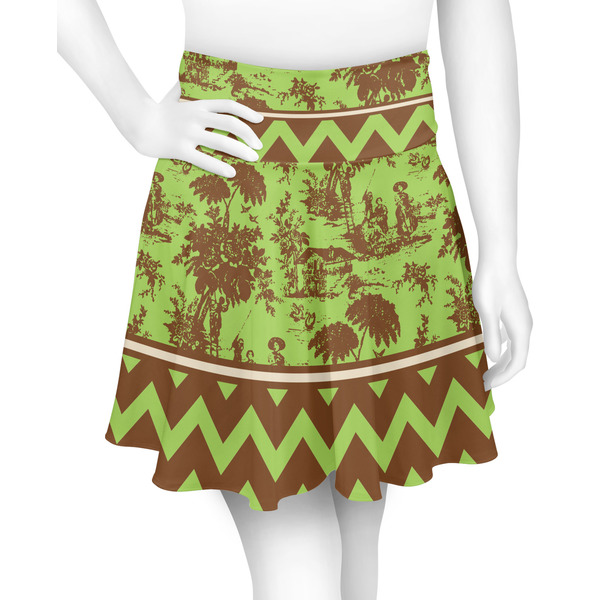 Custom Green & Brown Toile & Chevron Skater Skirt - X Large