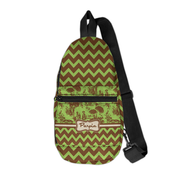 Custom Green & Brown Toile & Chevron Sling Bag (Personalized)