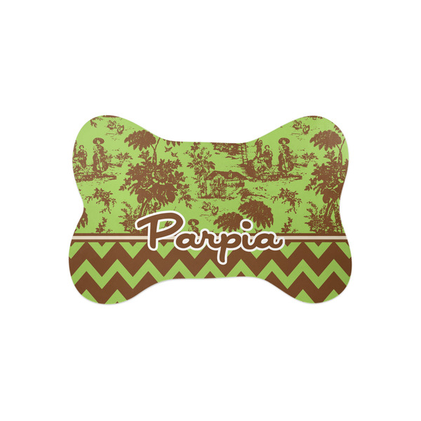 Custom Green & Brown Toile & Chevron Bone Shaped Dog Food Mat (Small) (Personalized)