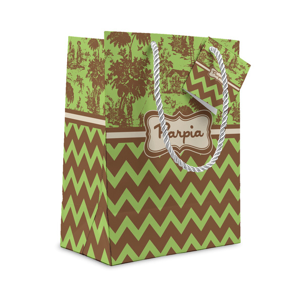 Custom Green & Brown Toile & Chevron Small Gift Bag (Personalized)