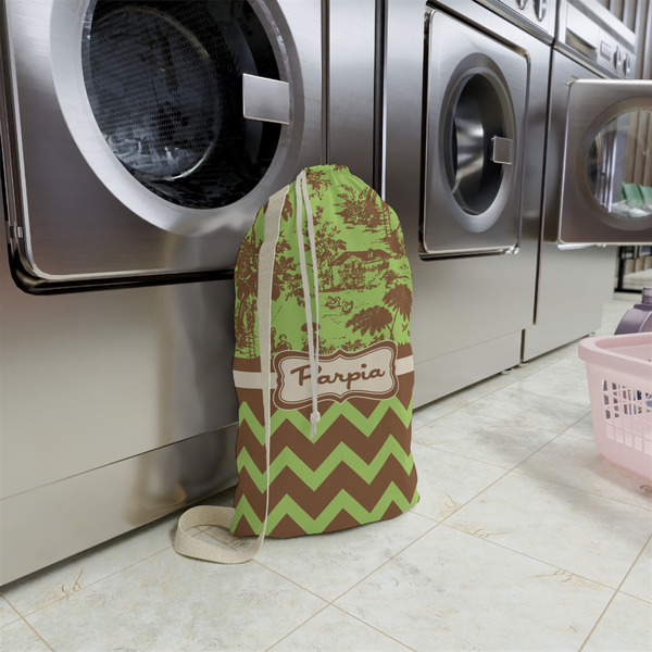 Green & Brown Toile & Chevron Small Landry Bag - In Context