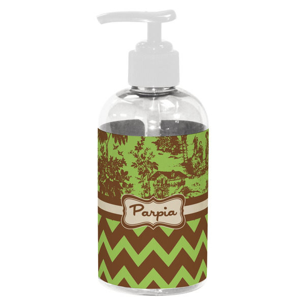 Custom Green & Brown Toile & Chevron Plastic Soap / Lotion Dispenser (8 oz - Small - White) (Personalized)