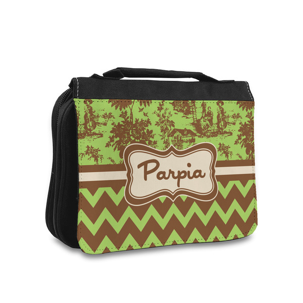 Custom Green & Brown Toile & Chevron Toiletry Bag - Small (Personalized)
