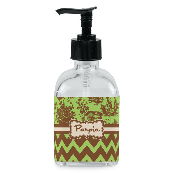 Custom Green & Brown Toile & Chevron Glass Soap & Lotion Bottle - Single Bottle (Personalized)