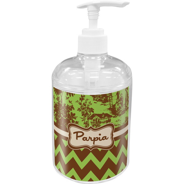 Custom Green & Brown Toile & Chevron Acrylic Soap & Lotion Bottle (Personalized)