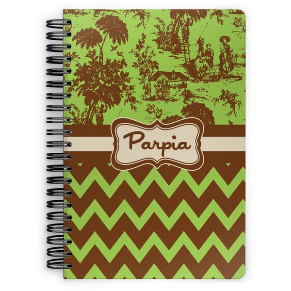 Custom Green & Brown Toile & Chevron Spiral Notebook - 7x10 w/ Name or Text