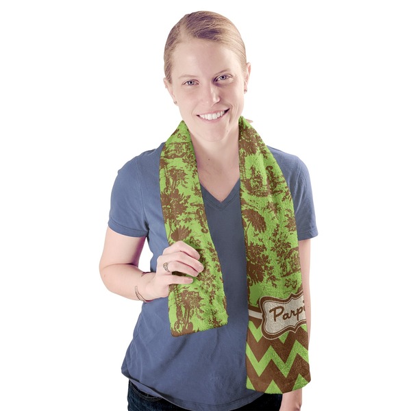 Green & Brown Toile & Chevron Sport Towel - Exercise use - Model