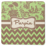 Green & Brown Toile & Chevron Square Rubber Backed Coaster (Personalized)
