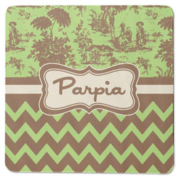 Green & Brown Toile & Chevron Square Rubber Backed Coaster (Personalized)