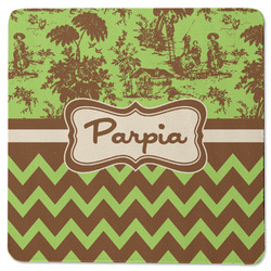 Green & Brown Toile & Chevron Square Rubber Backed Coaster (Personalized)