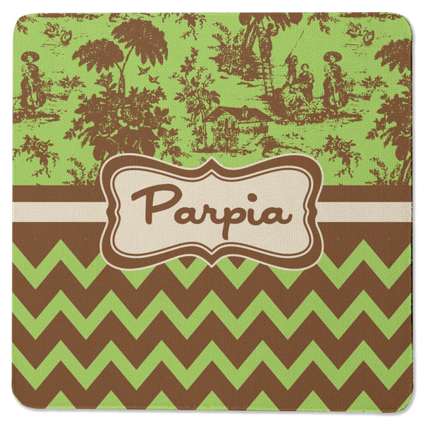 Custom Green & Brown Toile & Chevron Square Rubber Backed Coaster (Personalized)