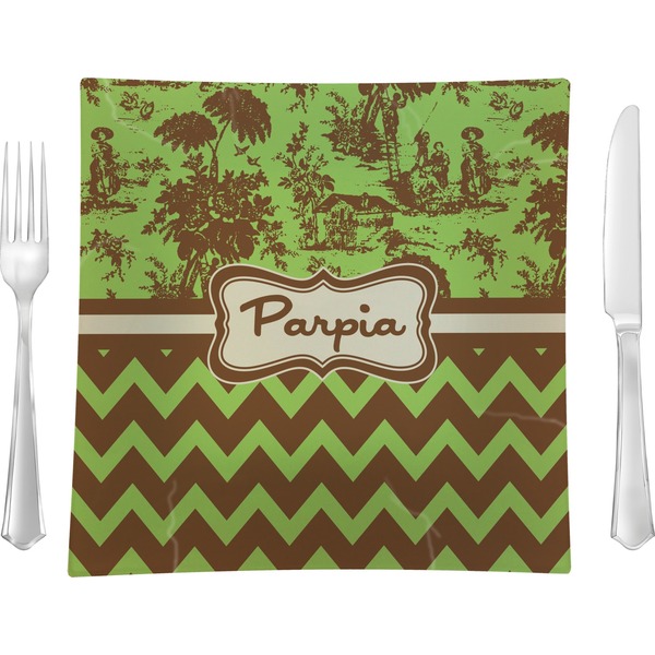 Custom Green & Brown Toile & Chevron Glass Square Lunch / Dinner Plate 9.5" (Personalized)