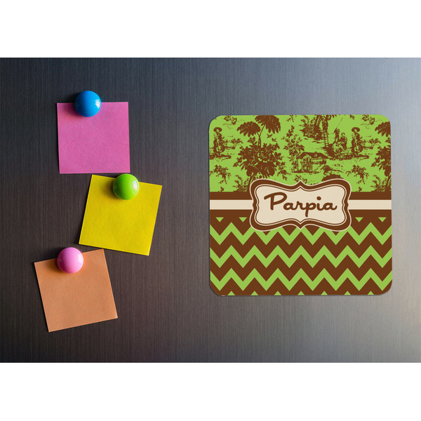 Green & Brown Toile & Chevron Square Fridge Magnet - LIFESTYLE