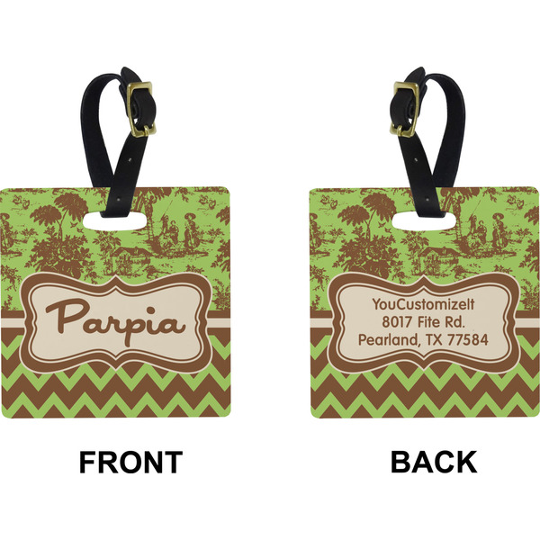 Green & Brown Toile & Chevron Square Luggage Tag (Front + Back)