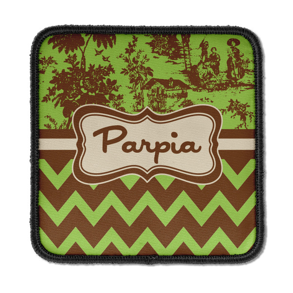 Custom Green & Brown Toile & Chevron Iron On Square Patch w/ Name or Text