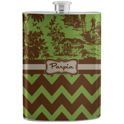 Green & Brown Toile & Chevron Stainless Steel Flask (Personalized)