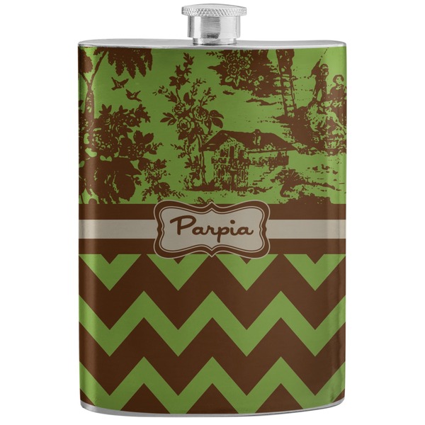 Custom Green & Brown Toile & Chevron Stainless Steel Flask (Personalized)