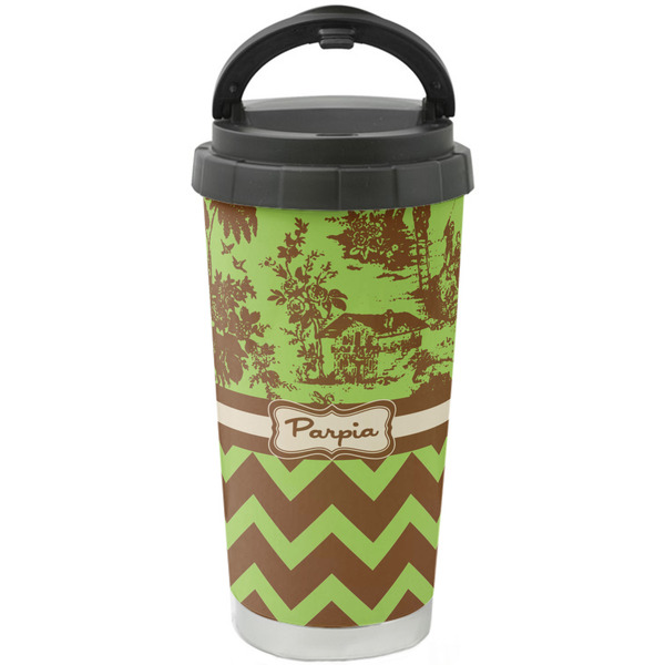 Custom Green & Brown Toile & Chevron Stainless Steel Coffee Tumbler (Personalized)