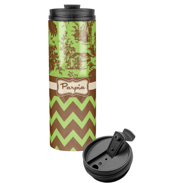 Custom Green & Brown Toile & Chevron Stainless Steel Skinny Tumbler (Personalized)