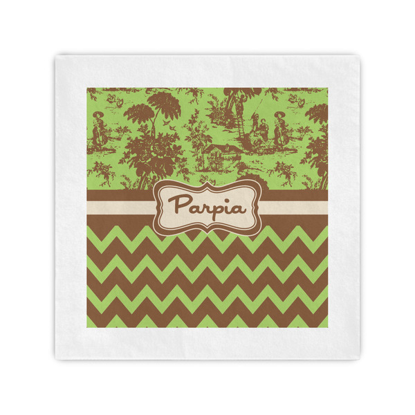 Custom Green & Brown Toile & Chevron Cocktail Napkins (Personalized)