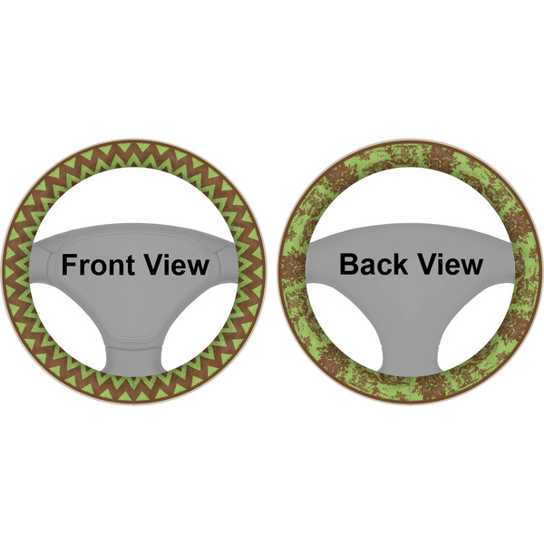 Green & Brown Toile & Chevron Steering Wheel Cover- Front and Back