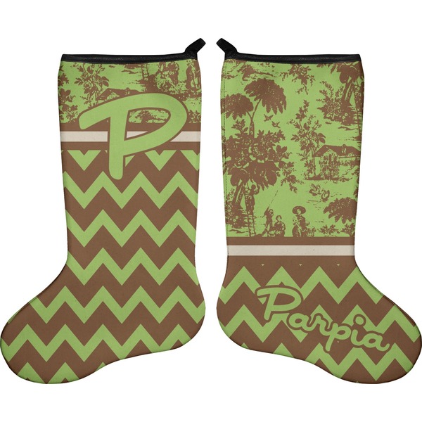 Custom Green & Brown Toile & Chevron Holiday Stocking - Double-Sided - Neoprene (Personalized)