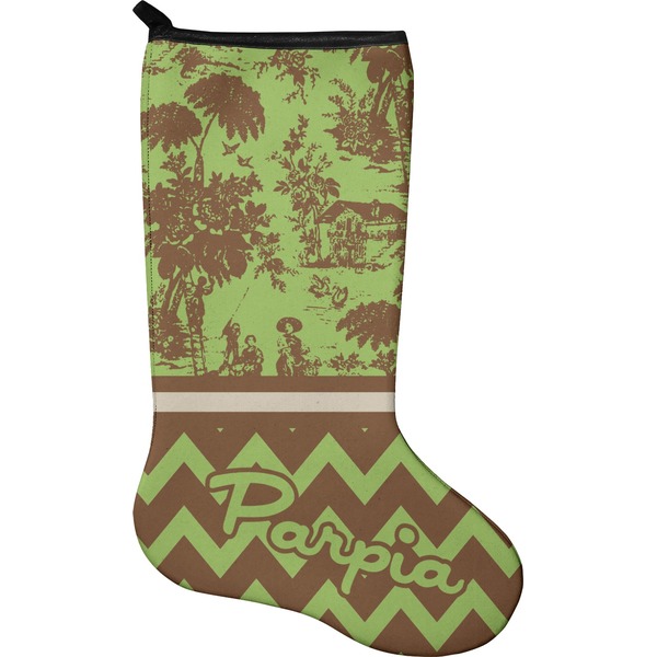 Custom Green & Brown Toile & Chevron Holiday Stocking - Single-Sided - Neoprene (Personalized)