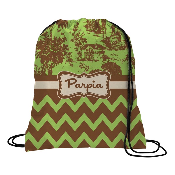 Custom Green & Brown Toile & Chevron Drawstring Backpack (Personalized)