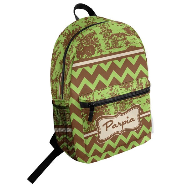 Custom Green & Brown Toile & Chevron Student Backpack (Personalized)