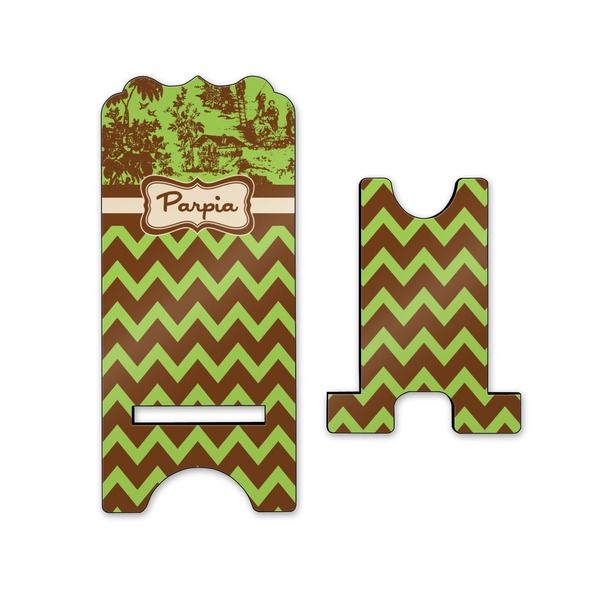 Green & Brown Toile & Chevron Stylized Phone Stand - Front & Back - Small