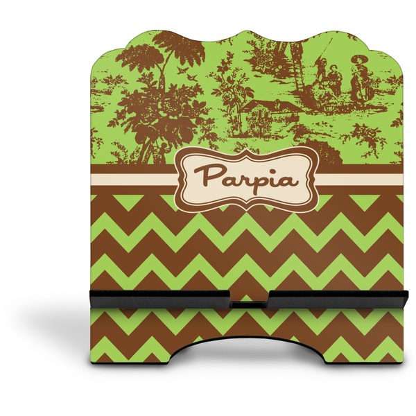 Green & Brown Toile & Chevron Stylized Tablet Stand - Front without iPad