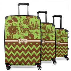 Green & Brown Toile & Chevron 3 Piece Luggage Set - 20" Carry On, 24" Medium Checked, 28" Large Checked (Personalized)