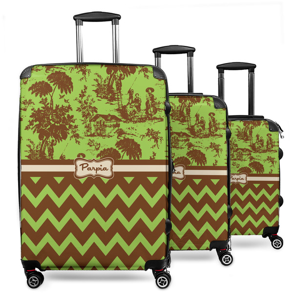 Custom Green & Brown Toile & Chevron 3 Piece Luggage Set - 20" Carry On, 24" Medium Checked, 28" Large Checked (Personalized)