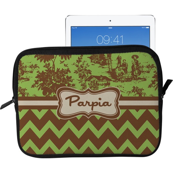 Custom Green & Brown Toile & Chevron Tablet Case / Sleeve - Large (Personalized)