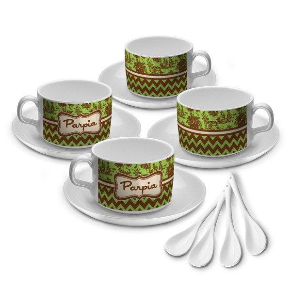 Custom Green & Brown Toile & Chevron Tea Cup - Set of 4 (Personalized)