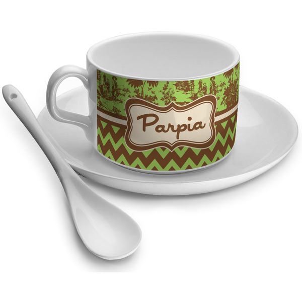 Custom Green & Brown Toile & Chevron Tea Cup - Single (Personalized)
