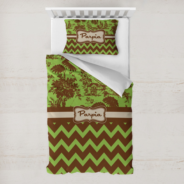 Custom Green & Brown Toile & Chevron Toddler Bedding w/ Name or Text