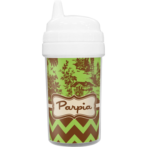 Custom Green & Brown Toile & Chevron Toddler Sippy Cup (Personalized)