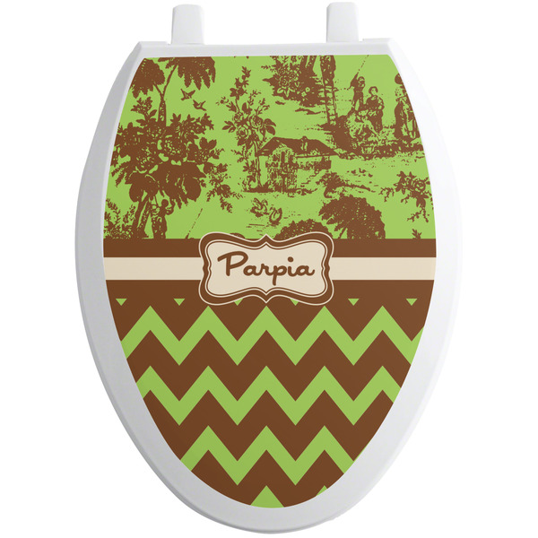 Custom Green & Brown Toile & Chevron Toilet Seat Decal - Elongated (Personalized)