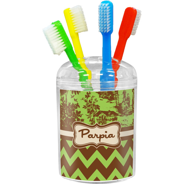Custom Green & Brown Toile & Chevron Toothbrush Holder (Personalized)