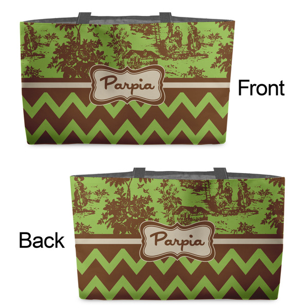 Green & Brown Toile & Chevron Tote w/Black Handles - Front & Back Views