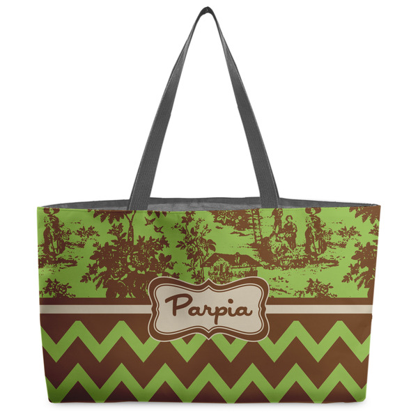 Custom Green & Brown Toile & Chevron Beach Totes Bag - w/ Black Handles (Personalized)