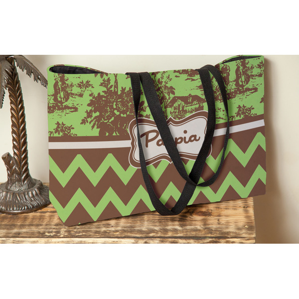 Green & Brown Toile & Chevron Tote w/Black Handles - Lifestyle View