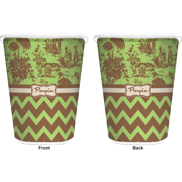 Green & Brown Toile & Chevron Trash Can White - Front and Back - Apvl