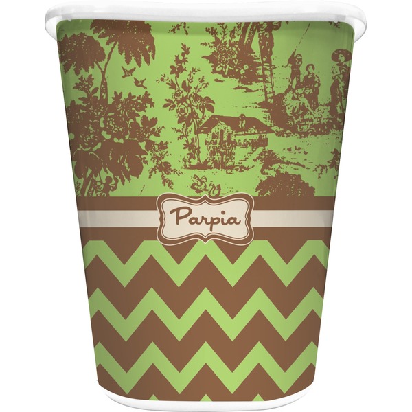 Custom Green & Brown Toile & Chevron Waste Basket - Double Sided (White) (Personalized)