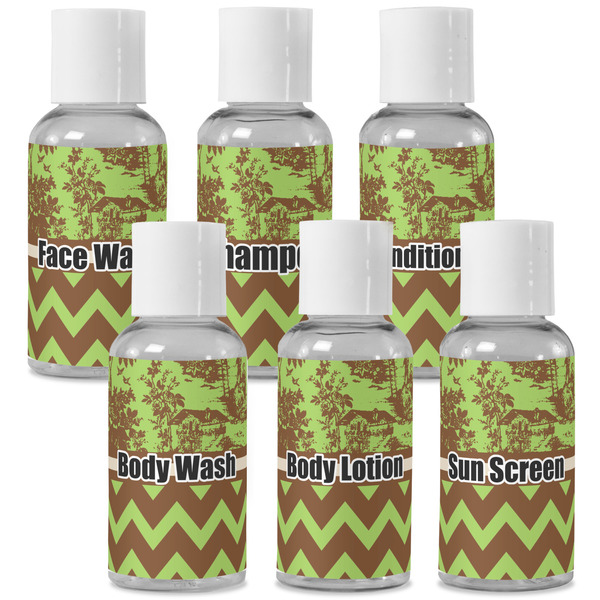 Custom Green & Brown Toile & Chevron Travel Bottles (Personalized)