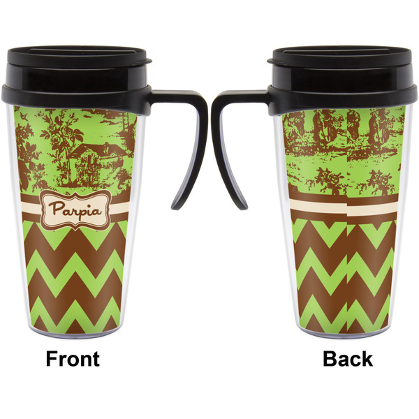 Green & Brown Toile & Chevron Travel Mug with Black Handle - Approval
