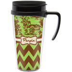 Green & Brown Toile & Chevron Acrylic Travel Mug with Handle (Personalized)